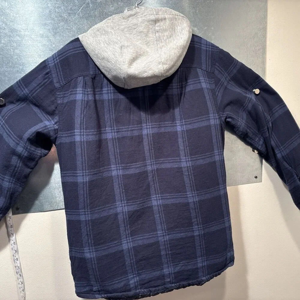 Wrangler Authentics Navy Blue Plaid Quilted Lined Hooded Flannel Chore Jacket S